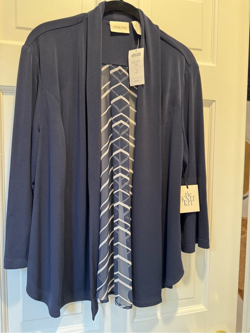 Chico's Navy Open-Front Knit Jacket with Chevron Liner